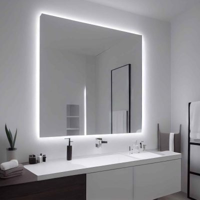 Bathroom interior with wooden finishes and large mirror on wall